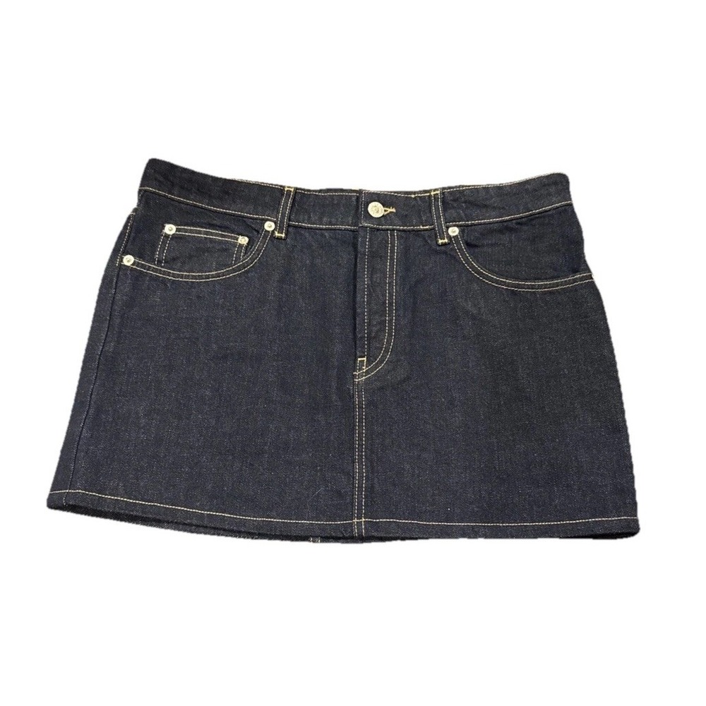 Zara Womens Large Denim Jean Mini Skirt Dark Wash Pockets Button Fly Festival